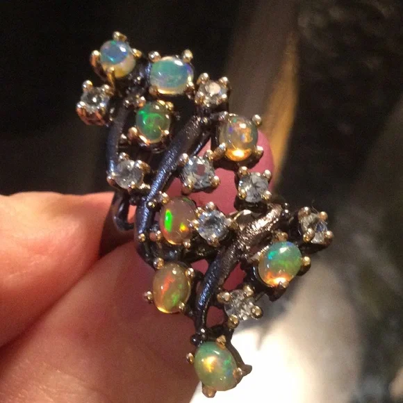Enchanting Genuine Fiery Opals & Topaz Ring